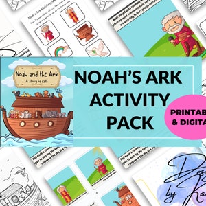 以下が含まれることがあります： ノアの箱舟をテーマにした、子供向けのカラフルな印刷可能なアクティビティパック。パックには、塗り絵、マッチングゲーム、信仰の物語が含まれています。テキスト「Noah's Ark Activity Pack Printable & Digital!」はピンクのボックスに表示されています。