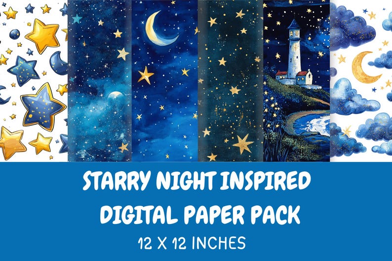 Starry Night Digital Paper & Clipart Pack: Moon, Stars, Sky Designs - Etsy