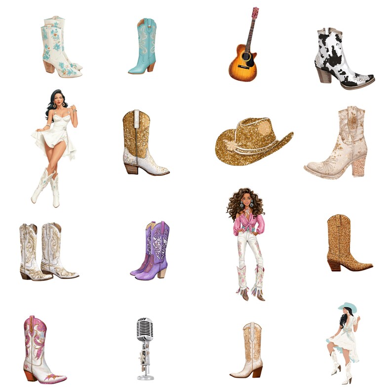 Puede incluir: Una colecci&oacute;n de art&iacute;culos con tem&aacute;tica country y western. Incluye una guitarra, botas de vaquero en varios colores y dise&ntilde;os, un sombrero de vaquero, un micr&oacute;fono vintage y una mujer con vestido y botas blancas.