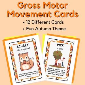 Puede incluir: Dos tarjetas ilustradas con temas de oto&ntilde;o para actividades de motricidad gruesa. La primera tarjeta muestra una ardilla con el texto "Scurry like a squirrel" e instrucciones para correr en su lugar r&aacute;pidamente. La segunda tarjeta muestra un &aacute;rbol con manzanas y el texto "Pick apples" con instrucciones para estirar la mano hacia arriba y luego agacharse.