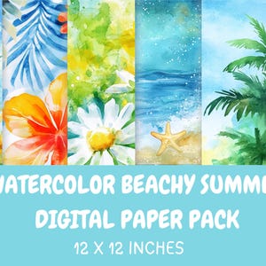 Watercolor Beachy Summer Digital Paper Pack | Tropical Beach Backgrounds | Scrapbook Paper | Vacation Clipart | 50 Designs Commercial Use
