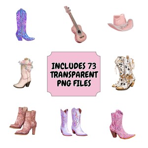 Puede incluir: Ilustraciones de un sombrero de vaquero rosa, un ukelele y varios pares de botas de vaquero en varios colores y dise&ntilde;os. La imagen incluye el texto "INCLUDES 73 TRANSPARENT PNG FILES".