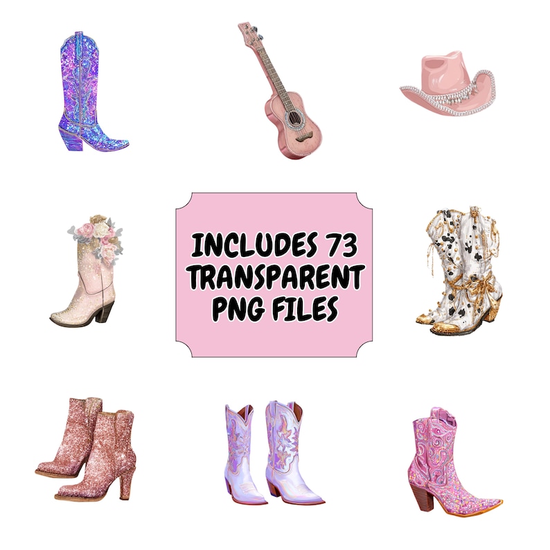 Puede incluir: Ilustraciones de un sombrero de vaquero rosa, un ukelele y varios pares de botas de vaquero en varios colores y dise&ntilde;os. La imagen incluye el texto "INCLUDES 73 TRANSPARENT PNG FILES".