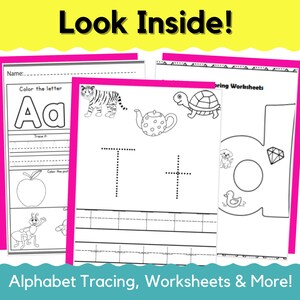 May include: Black and white printable worksheets for kids featuring alphabet tracing, coloring, and letter recognition activities. The worksheets include images of a tiger, teapot, turtle, dog, duck, and diamond.