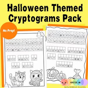 Könnte beinhalten: Halloween-Themen-Kryptogramm-Paket mit dem Text "Halloween Themed Cryptograms Pack" in Schwarz. Das Paket enthält zwei Seiten mit Kryptogramm-Rätseln, Süßigkeiten-Illustrationen und Zeichnungen von Katzen in Halloween-Kostümen und Kürbissen. Die Worte "No Prep!" sind in einem orangefarbenen Kreis.