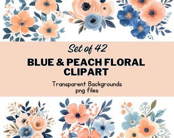 Blue & Peach Floral Clipart | Watercolor Flowers PNG | Wedding Invitation Clipart | Planner Stickers | Sublimation Clipart | Commercial Use