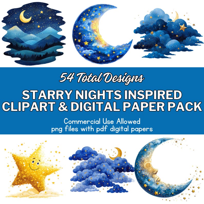 Starry Night Digital Paper & Clipart Pack: Moon, Stars, Sky Designs - Etsy