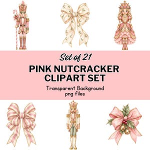 Può includere: Un set di 21 immagini clipart digitali con figure di schiaccianoci rosa, fiocchi decorativi con motivi a foglie, fiocchi a righe e fiocchi con agrifoglio e campanellini. Il testo recita Set of 21 PINK NUTCRACKER CLIPART SET.