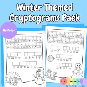 May include: Two black and white printable pages with winter-themed cryptograms. The top of the page has an alphabet key with winter icons. The bottom of the page has blank spaces for the answers. The text "Winter Themed Cryptograms Pack" is at the top.