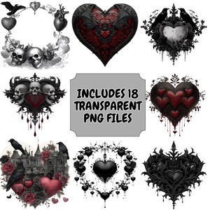 May include: A collection of gothic-themed digital art featuring hearts, skulls, ravens, and ornate frames. The designs are in shades of black, red, and white, with intricate details. The text "INCLUDES 18 TRANSPARENT PNG FILES" is also present.