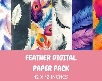 Digitalt papperspaket med fjädermotiv: 12x12 bohemiska scrapbook-bakgrunder (PNG, PDF)