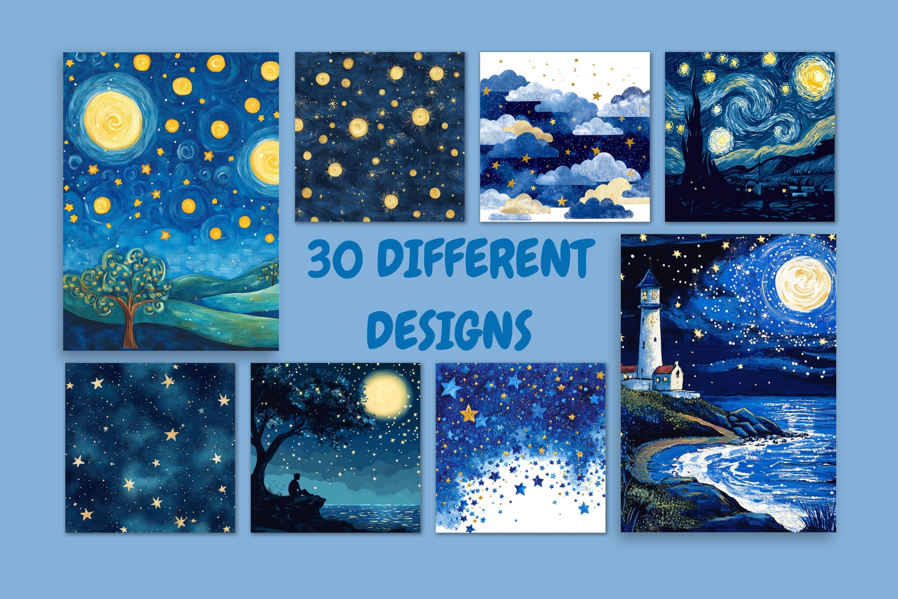 Starry Night Digital Paper & Clipart Pack: Moon, Stars, Sky Designs - Etsy