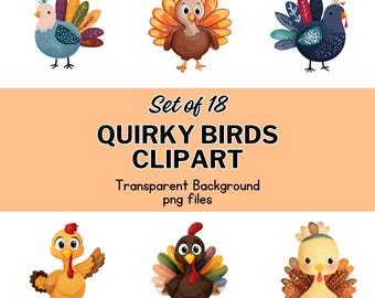 Quirky Birds & Turkey Clipart Bundle – 18 Transparent PNG Files (Commercial Use Included)