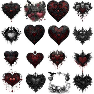 May include: A collection of gothic-style heart designs in black and red. Some hearts feature ornate filigree, while others incorporate elements like skulls, ravens, and castle imagery. The designs have a dark, romantic aesthetic.