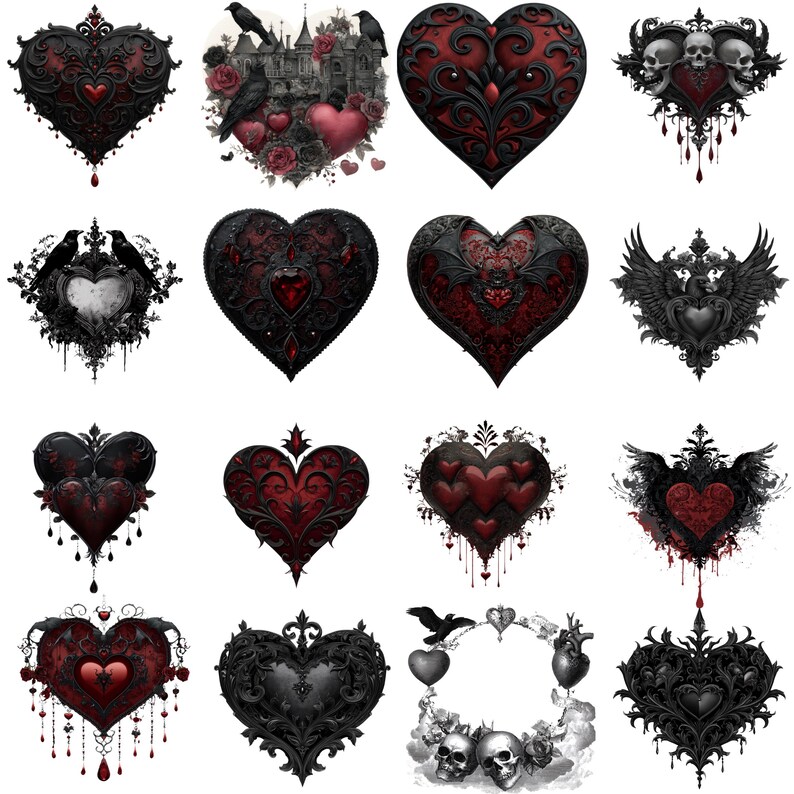 May include: A collection of gothic-style heart designs in black and red. Some hearts feature ornate filigree, while others incorporate elements like skulls, ravens, and castle imagery. The designs have a dark, romantic aesthetic.