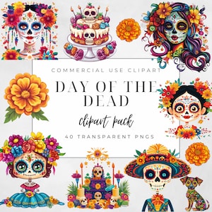 Día de Los Muertos / Day of the Dead Clip Art Pack - Sugar Skulls - Calavera - Scrapbooking - travaux manuels créatifs - Junk Journal - usage Commercial PNG