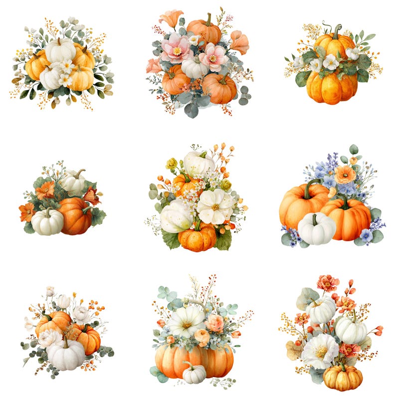 Pumpkin Bouquet Clipart | Fall Floral Pumpkins PNG | Autumn Watercolor ...