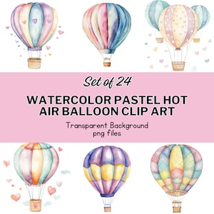 Aquarell Pastell Heißluftballon Clip Art | 24 Transparente PNGs | Kommerzielle Nutzung Persönlicher Gebrauch | Basteln | Scrapbooking | Babyparty
