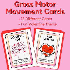 Puede incluir: Tarjetas de movimiento de motricidad gruesa con tem&aacute;tica de San Valent&iacute;n. Las tarjetas presentan ilustraciones e instrucciones para actividades f&iacute;sicas. Una tarjeta dice "Confetti Pop" y la otra "Hug Stretch". Las tarjetas son rojas, rosas y blancas.