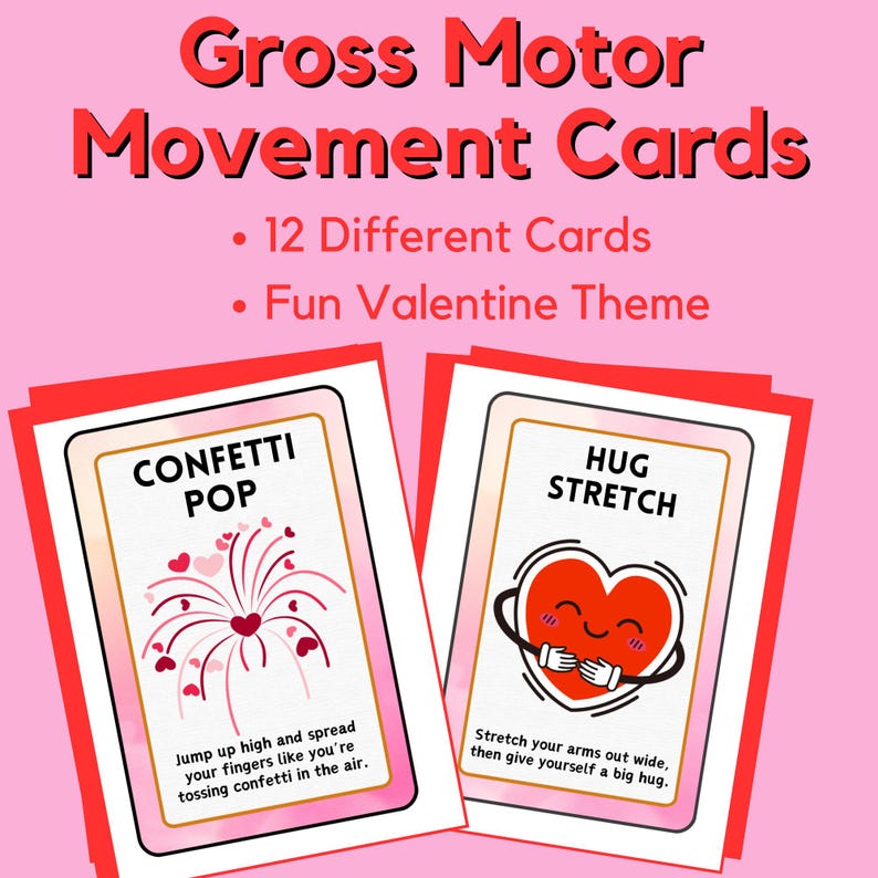 Puede incluir: Tarjetas de movimiento de motricidad gruesa con tem&aacute;tica de San Valent&iacute;n. Las tarjetas presentan ilustraciones e instrucciones para actividades f&iacute;sicas. Una tarjeta dice "Confetti Pop" y la otra "Hug Stretch". Las tarjetas son rojas, rosas y blancas.