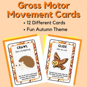 Puede incluir: Dos tarjetas ilustradas con temas de oto&ntilde;o para actividades de motricidad gruesa. La primera tarjeta muestra un erizo y dice "Gatear como un erizo". La segunda tarjeta muestra un b&uacute;ho y dice "Planear como un b&uacute;ho".