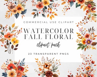 Akvarell höstblommig clipart: Vinröd och blågrön PNG-grafik
