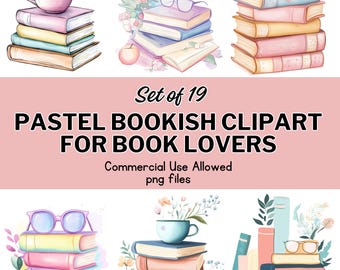 Clipart de livros em tons pastel | Canecas de leitura, flores (19 arquivos PNG + papéis digitais)