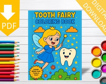 Kawaii Tandfé Målarbok: 30 Sidor + Tracker (Digital Nedladdning PDF)