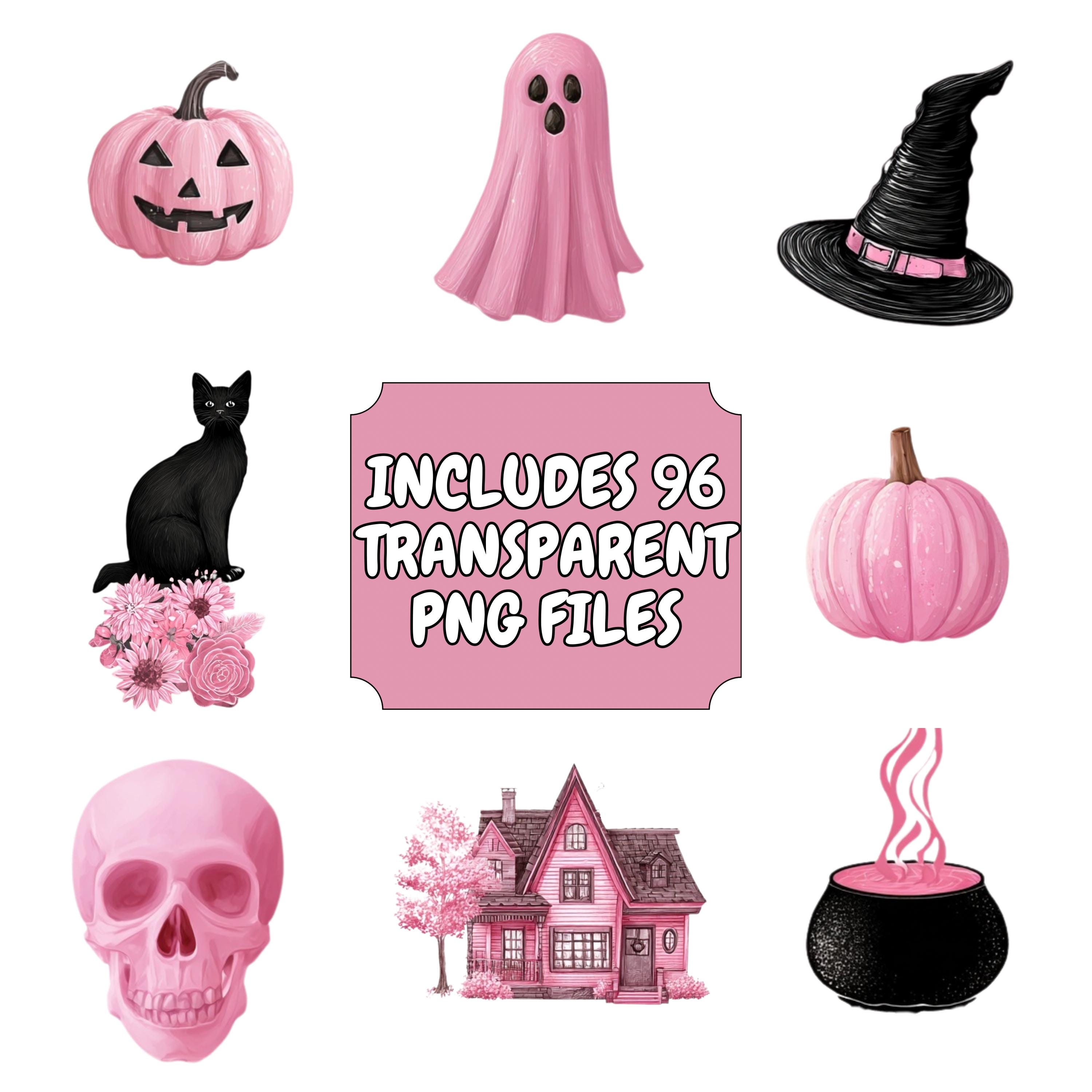 Pink Halloween Clipart Bundle: 96 Pastel PNG Graphics, Commercial Use ...