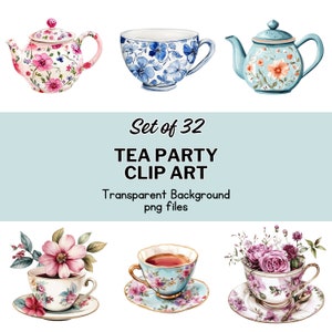May include: Set of 32 watercolor illustrations of teacups and teapots with floral designs. The teacups and teapots are in various colors, including pink, blue, and green. The illustrations are on a transparent background.