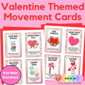 Puede incluir: Tarjetas de movimiento con tem&aacute;tica de San Valent&iacute;n con ilustraciones e instrucciones para actividades como "Love Bug Wiggle" y "Cupid's Bow Pull". Las tarjetas presentan corazones, un buz&oacute;n y una pose de flor, promoviendo las habilidades motoras gruesas.
