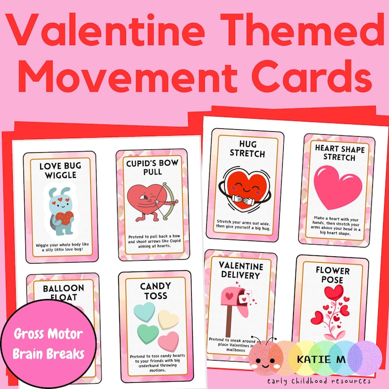Puede incluir: Tarjetas de movimiento con tem&aacute;tica de San Valent&iacute;n con ilustraciones e instrucciones para actividades como "Love Bug Wiggle" y "Cupid's Bow Pull". Las tarjetas presentan corazones, un buz&oacute;n y una pose de flor, promoviendo las habilidades motoras gruesas.
