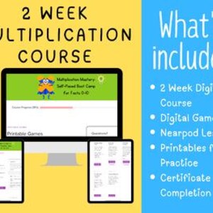 Puede incluir: Anuncio de un curso digital de multiplicación, que muestra un monitor de computadora y dos tabletas. El monitor muestra el contenido del curso, con el texto "Multiplication Mastery Self-Paced Boot Camp for Facts 0-10." El texto "2 Week Multiplication Course" está en la parte superior y "What's included" a la derecha.