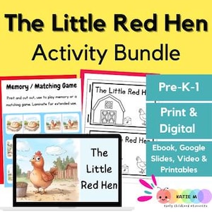 May include: An educational activity bundle featuring "The Little Red Hen." The image shows a laptop displaying a cartoon hen, along with printed materials for a memory game and coloring pages. Text includes "Pre-K-1," "Print & Digital," and "Activity Bundle."