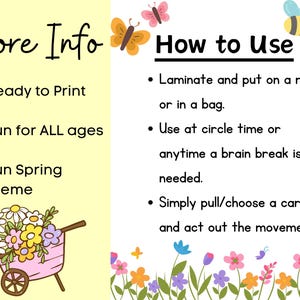 May include: A vibrant educational graphic with the text "More Info" and "How to Use". The image features a pink wheelbarrow filled with flowers, butterflies, and bees. Instructions include laminating and using during circle time.