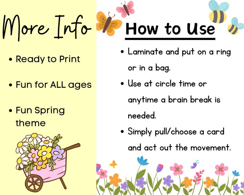 May include: A vibrant educational graphic with the text "More Info" and "How to Use". The image features a pink wheelbarrow filled with flowers, butterflies, and bees. Instructions include laminating and using during circle time.