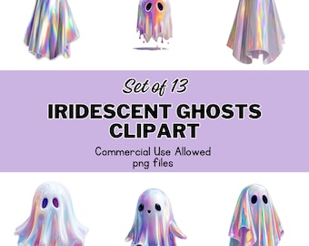 Iridescent Halloween Ghost Clipart: Holographic PNG Set (Digital Download)