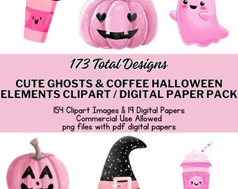 Kawaii Halloween Clipart & Digital Paper Set | Pink Ghosts, Coffee (PNG + PDF)