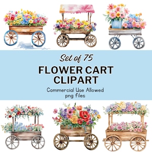 Watercolor Flower Cart Clipart Bundle | 75 PNG Floral Carts | Spring Flower Market Illustrations | Commercial Use