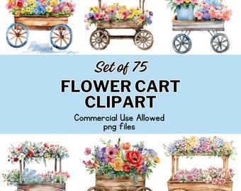 Watercolor Flower Cart Clipart Bundle: 75 PNG Illustrations (Commercial Use, Digital Download