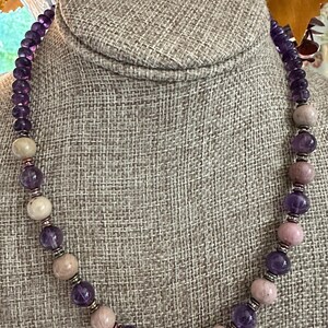 Amethyst, Petrified Rhodonite, Beaded Necklace, Pretty, Feminine, Sterling Clasp, Gift for Her, February Birthstone