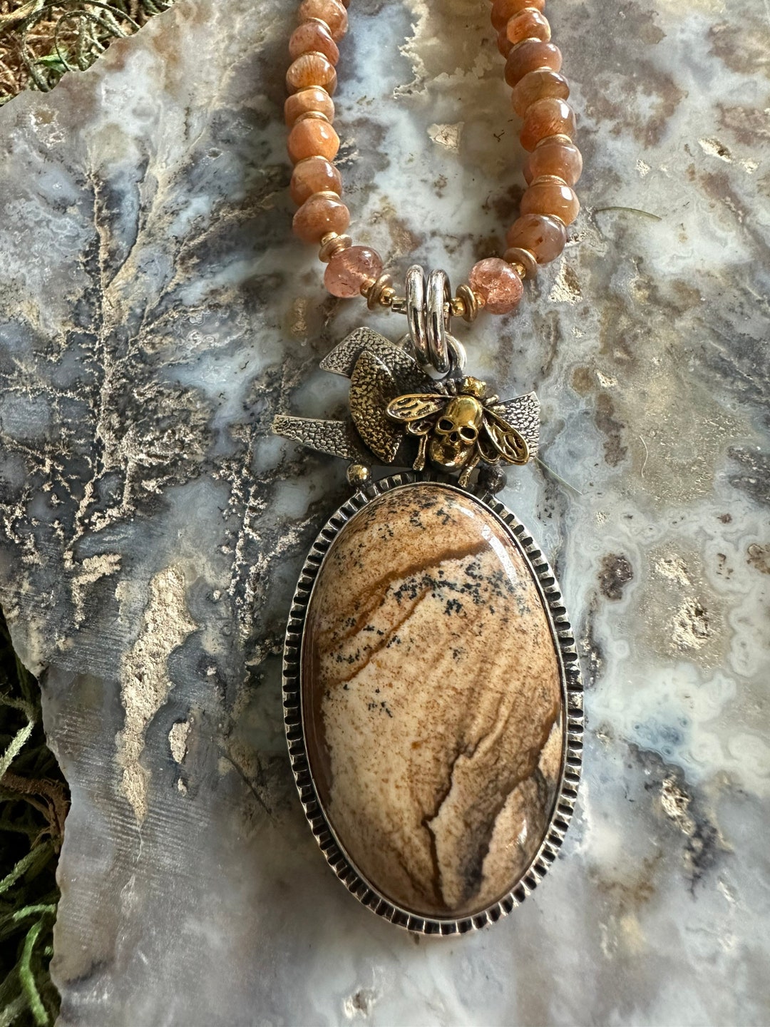 Oregon Sunstone Necklace Picture Jasper Pendant in Sterling Etsy