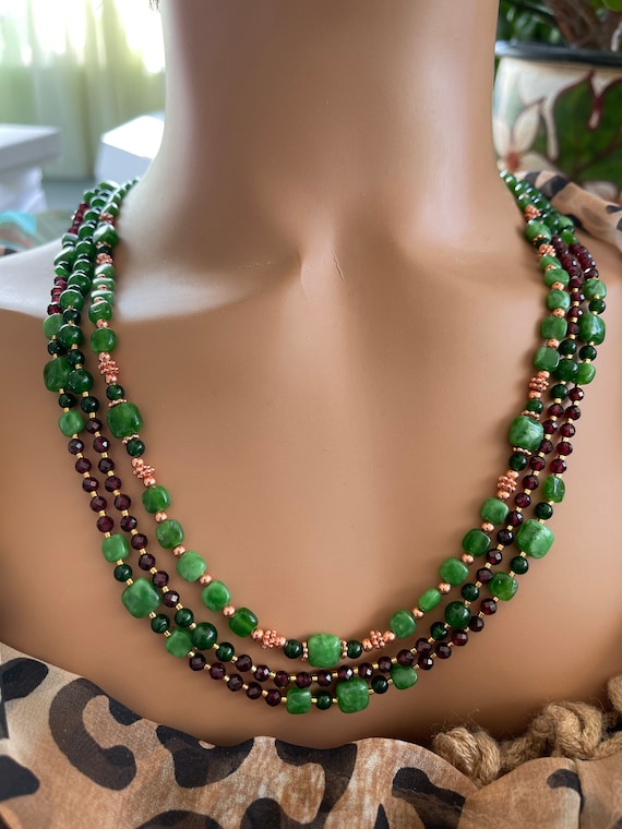 Long Length Triple Strand Jade AAA Red Garnet Rare Maw Sit sit and Copper Beaded Necklace Gift Idea Statement Necklace Etsy