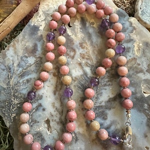 Long Length, Petrified Rhodonite, Amethyst, Beaded Necklace, Boho Design, Summer Jewelry