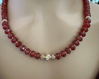 Faceted Carnelian Necklace, Gold Accents, Classic Style, Gift Idea