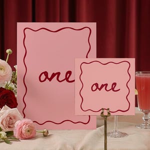 Pink & Red Wedding Wavy Border Table Numbers, Hand-Drawn, Square + Portrait Digital Template (Canva Template)