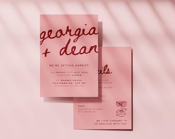 Pink Red Hand Drawn Wedding Invitation Template, Whimsical Printable (Canva Download)
