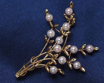 18K Solid Gold Akoya Pearl Botanical Brooch, Tiny Pearl Brooch, Japanese Pearl Jewelry