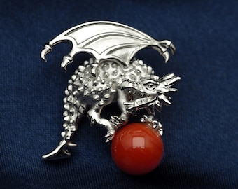 Sterling Silver Undyed Natural Japanese Red Coral Dragon Pin Brooch, Rare Ox-Blood Color, Lapel Pin, Tack Pin, Zodiac Jewelry, Unisex