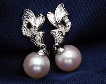 Platinum900/14K Solid White Gold Akoya Pearls Clip On Dangle Earrings with Natural Diamond, Screw Back Earrings